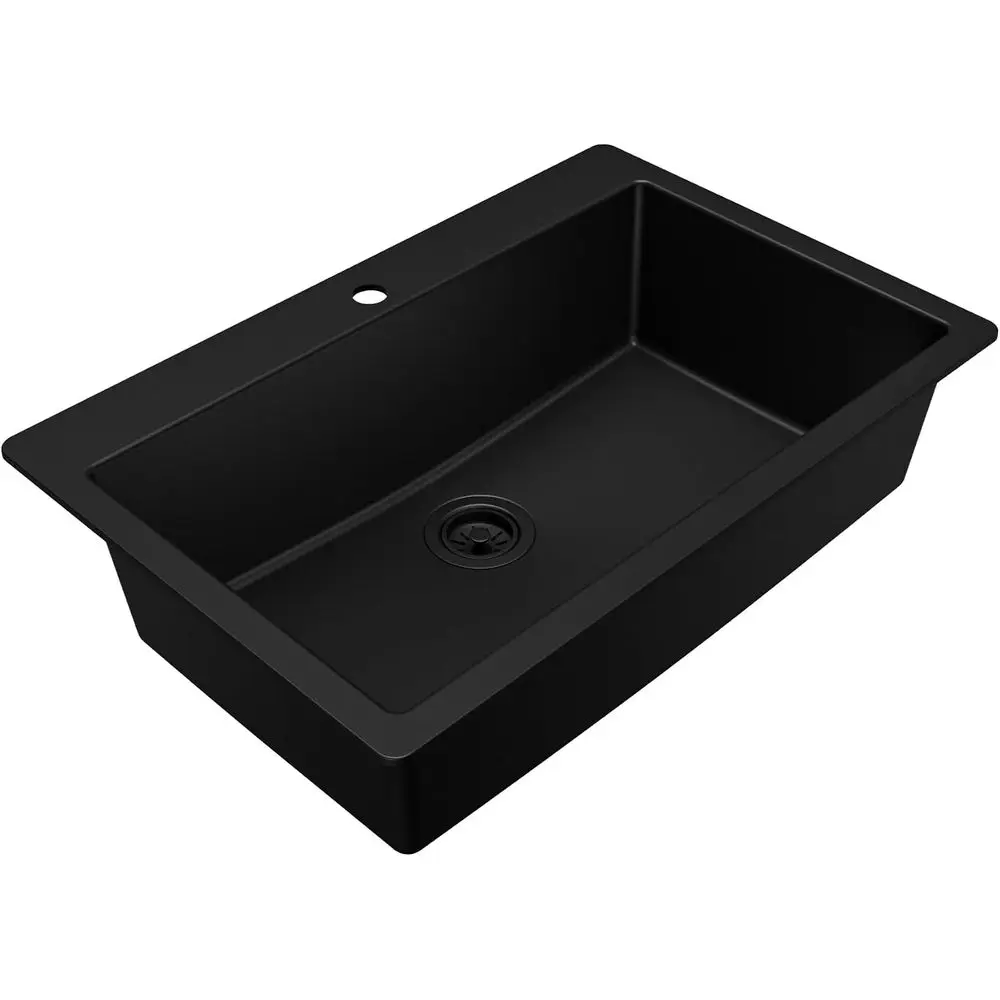 33 Drop-In Top Mount Quartz Composite Single Bowl Kitchen Sink - Extra Deep 9 Basin, Heat Resistant, Sound Dampening, Easy Clean