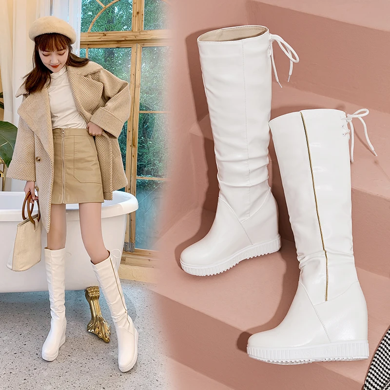 Wedge Platform Women High Boots Knee High Boots Girls Slip on Fashion Height Heel Wedge Boot white Casual Shoes Woman 2022