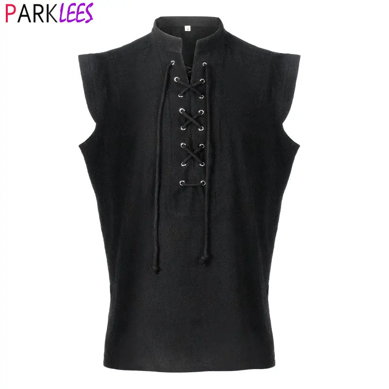 Men\'s Medieval Pirate Shirts Lace Up Sleeveless Renaissance Steampunk Shirt Men Gothic Victorian Halloween Cosplay Outfit