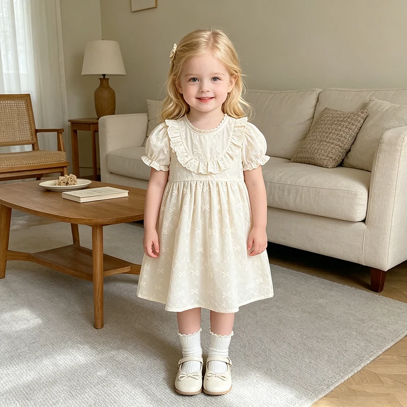 2026 Sommer Neues Baby-Mädchenkleid Kurzarm Einfarbig Kleinkind Schleife Stickerei Kleid 2-6 Jahre Kinder Baumwolle Süßes Partykleid