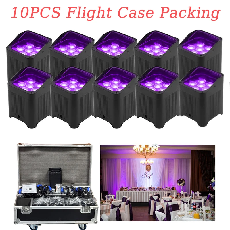 Butoy 10pcs RGBWA+UV LED Wireless Battery Powered Par Light 6x18W DMX Stage Light Rechargeable Flight Case Packing Stage Effect