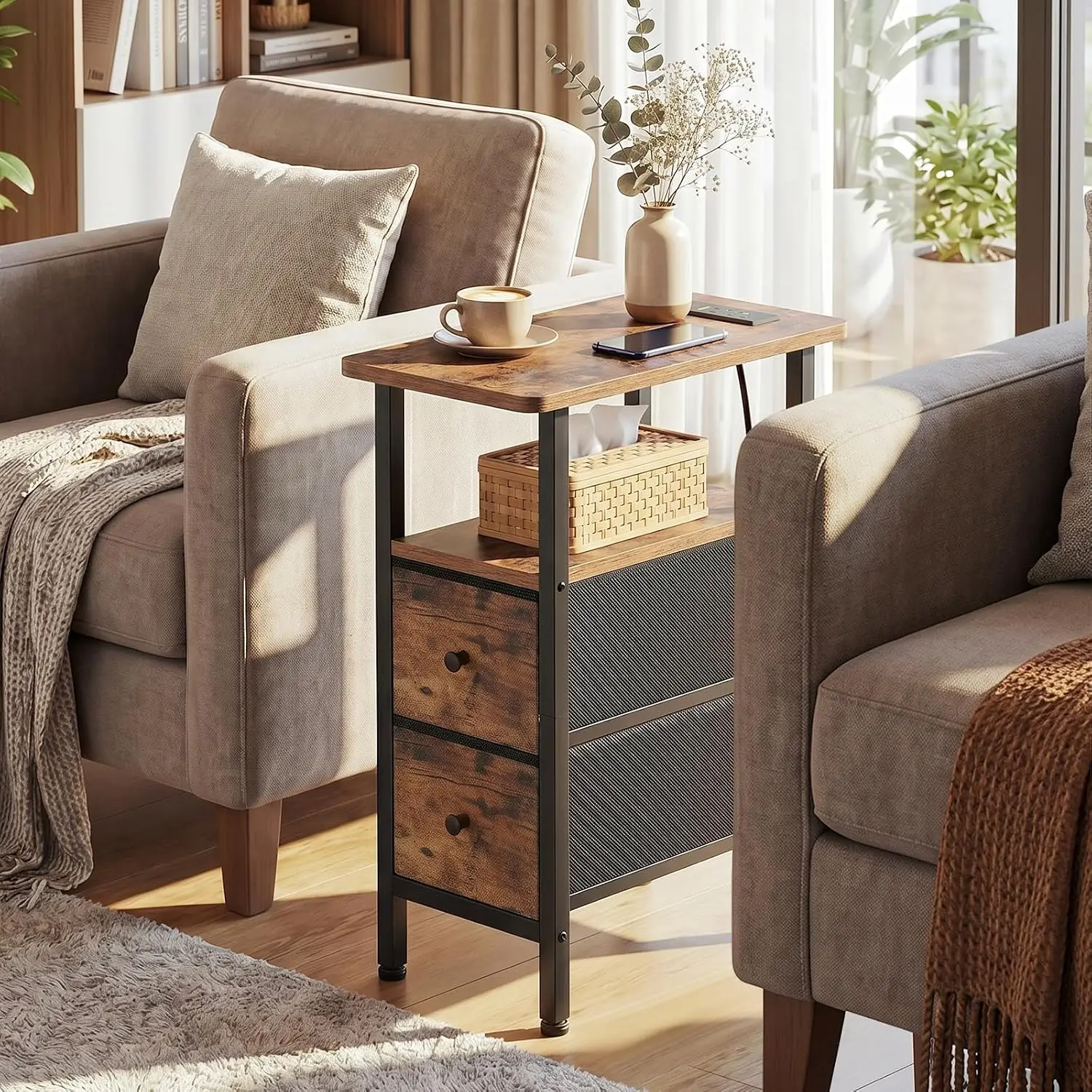 Narrow End Table Featuring a Charging Station, Side Tables for the Living Room