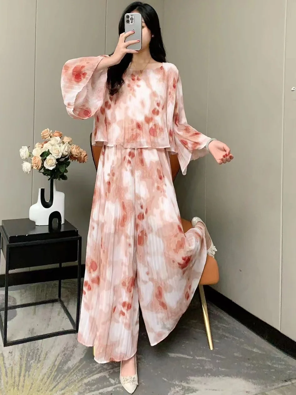 2024 New Spring Summer Women Tie Dye Pleated Pants Suit Loose Speaker Sleeve Chiffon Shirt And Wide Leg Long Pants Two Piece Set