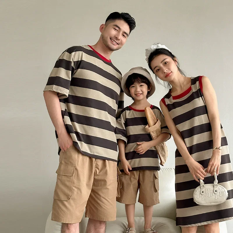 2025 Girls Striped T-Shirt Dress Two-Piece Outfit Mom Daughter Color Block Dress Boy Vacation ClothesSummer Family Matching Set