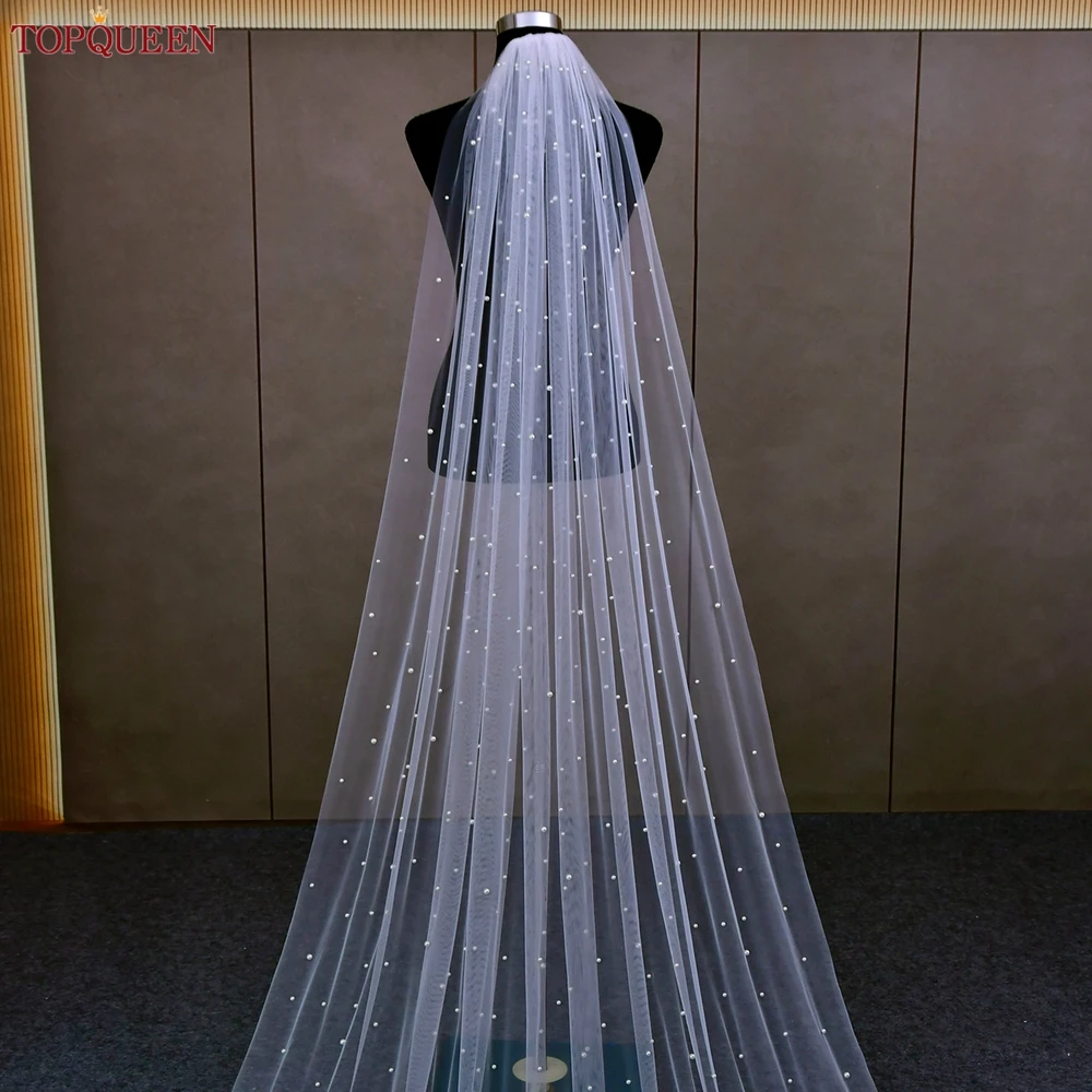 TOPQUEEN Perlen Hochzeit Schleier 1 Tier Soft Bridal Veil Beaded Hochzeit Zubehör 3M Kathedrale Länge Schleier für Braut Elfenbein v176 – Detail 12