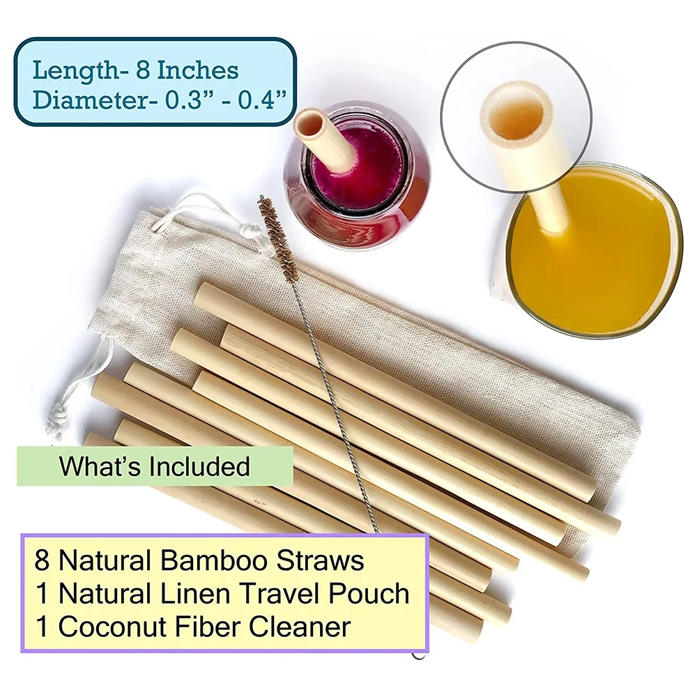 10 Pcs Bamboo Straw Reusable Straw Natural Organic Coffee Milk Tea Juice Straw with Cloth Bag and Cleaning