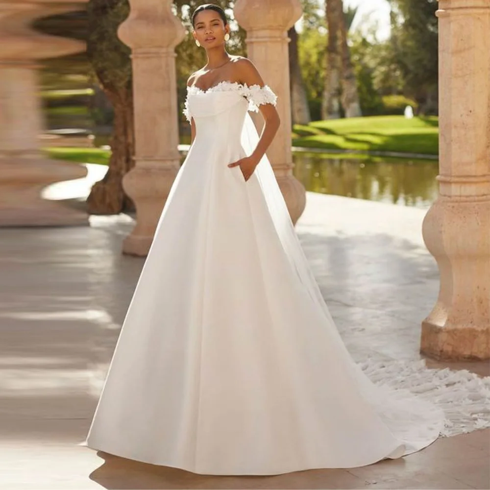 

3D Flowers Customized Wedding Dress with Off the Shoulder Graceful A-Line Sweetheart Bridal Gowns High Quality Vestido De Novia