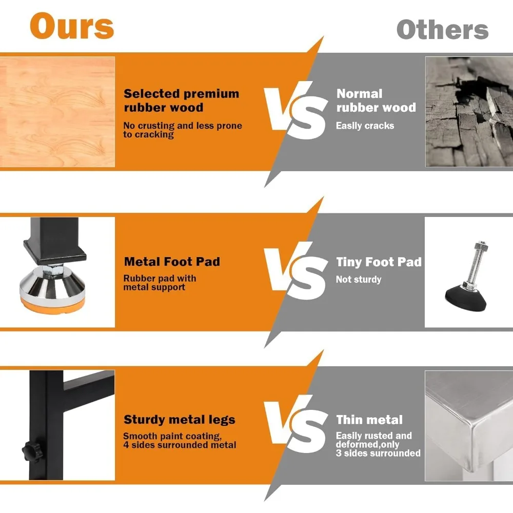 70" Adjustable Height Workbench, 2000 LBS Heavy Duty Work Table with Power Outlets & Pegboard, Rubber Wood Workstation