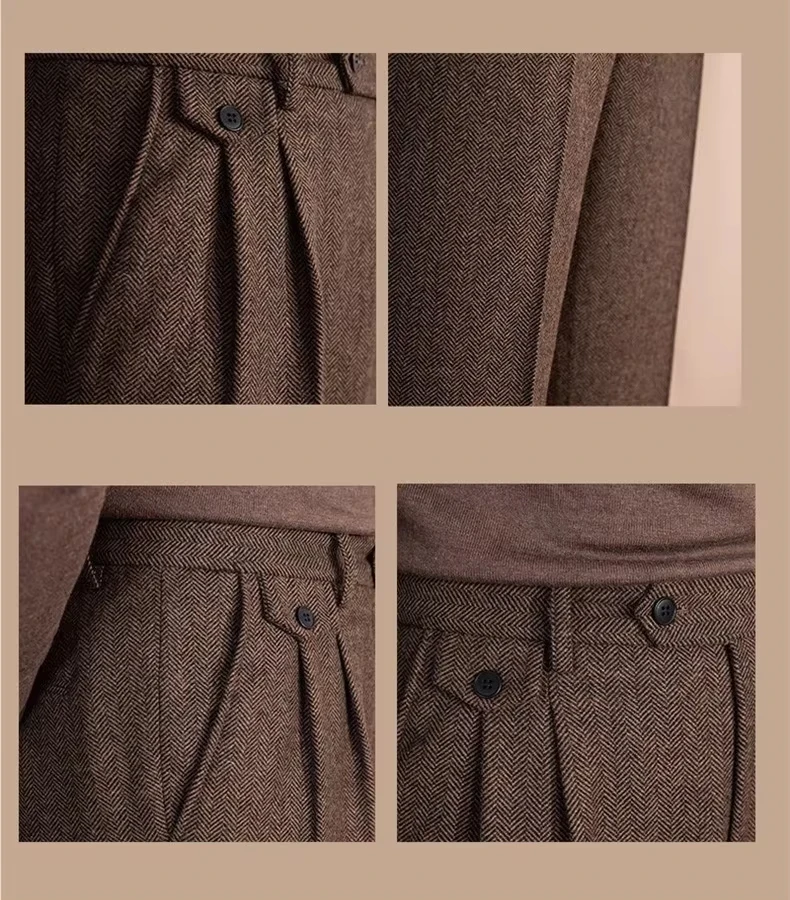 Calça de terno vintage italiana para homens, outono inverno, lã, padrão espinha de peixe, calças retas, local de trabalho, cintura alta, calças casuais