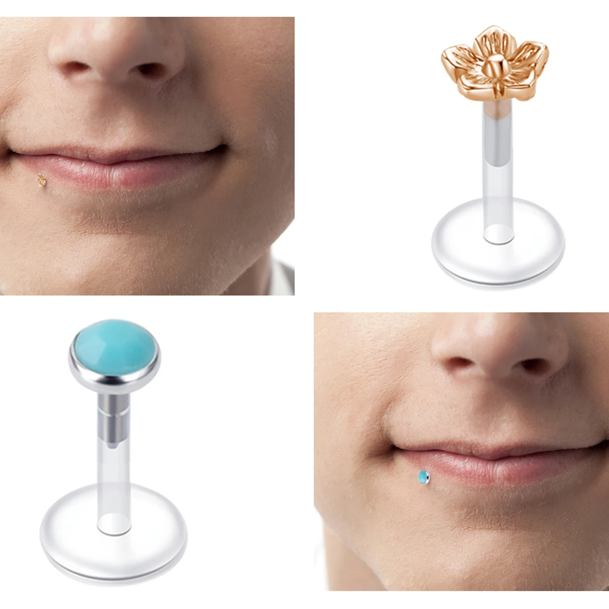 Ear Bone Studs, Heart-shaped Flat Lip Studs, Stainless Steel UV Transparent Flower Ear Studs, Fashionable Piercing 1-10PCS