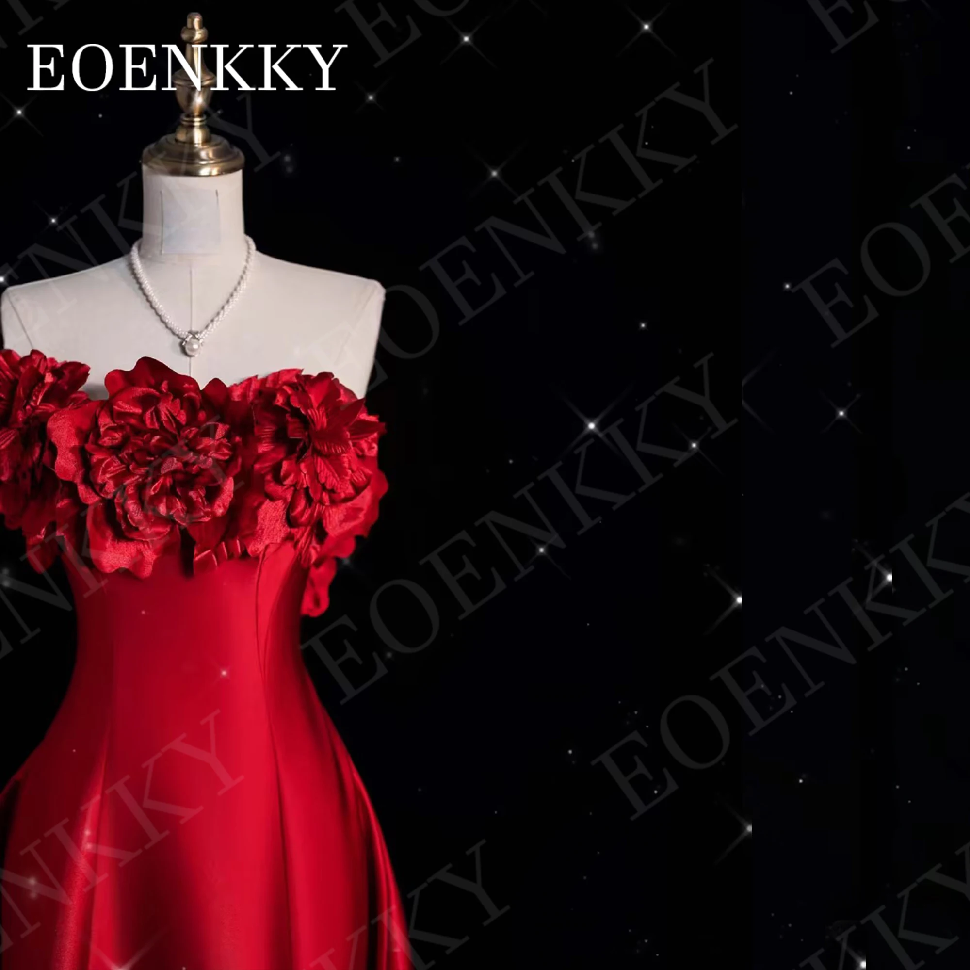 EOENKKY Burgundy A Line Prom Dresses 3D Floral Exquisite Satin Strapless Ceremony Dress Sleeveless Party Woman Customized 이브닝드레스