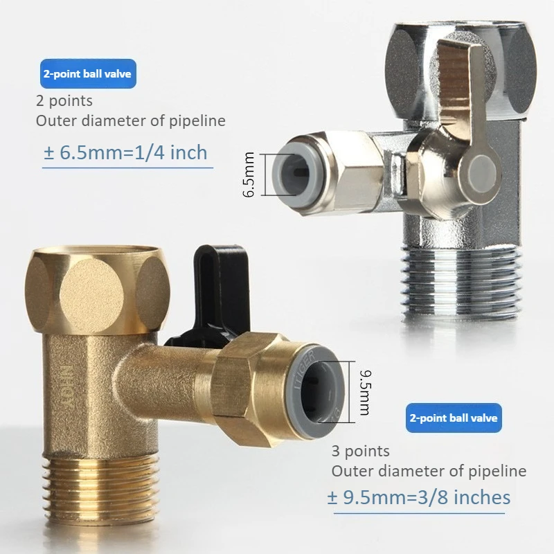 Copper Faucet Three-way Shut-off Valve Hot Cold Water Pipe 1/4 