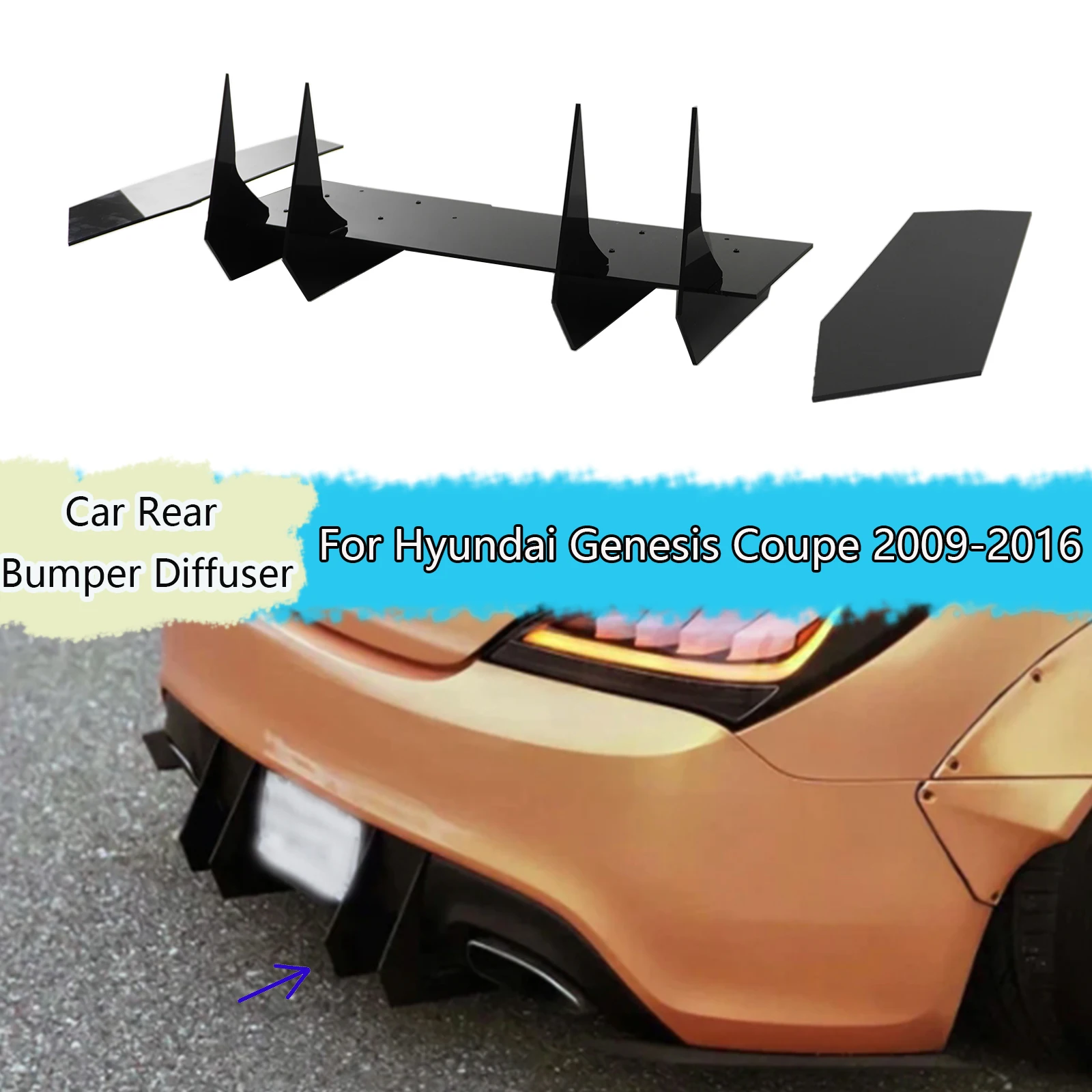 

For Hyundai Genesis Coupe 2009-2016 Glossy Black Rear Bumper Diffuser & Corner Aprons Splitter Body Kit 7 Pcs Accessories