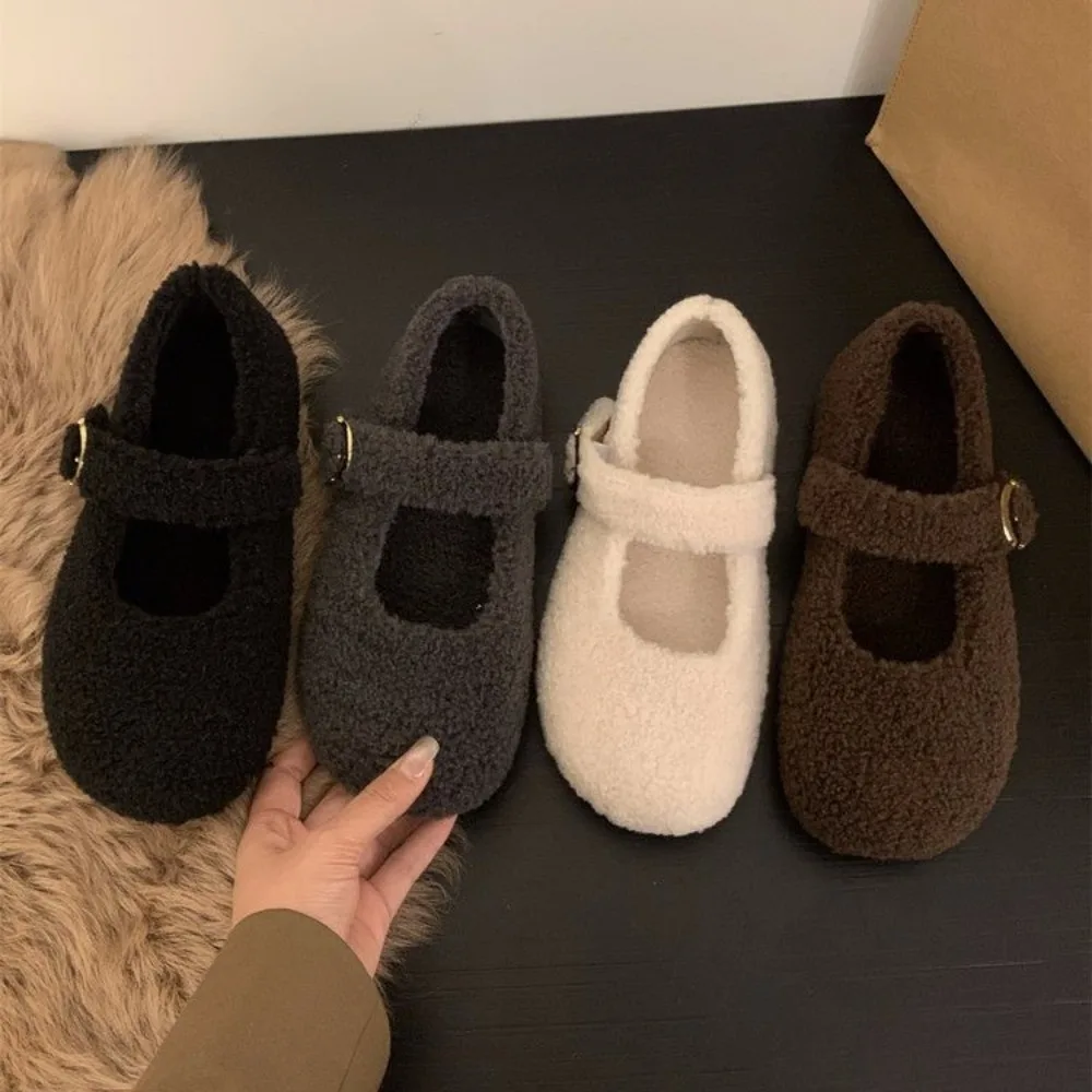 Moda dedo do pé quadrado velo flet ballet flats mulher inverno lã quente mary jane sapatos senhoras design da marca elegante mocassins de pelúcia