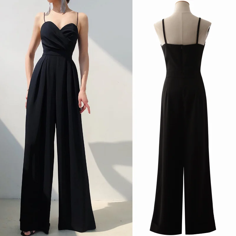 Casual Women Black Suspender Jumpsuit Lady High Waist Slim Hip Wrap Chest Feeling Wide Leg Rompers Fashion Chiffon Loose Strap