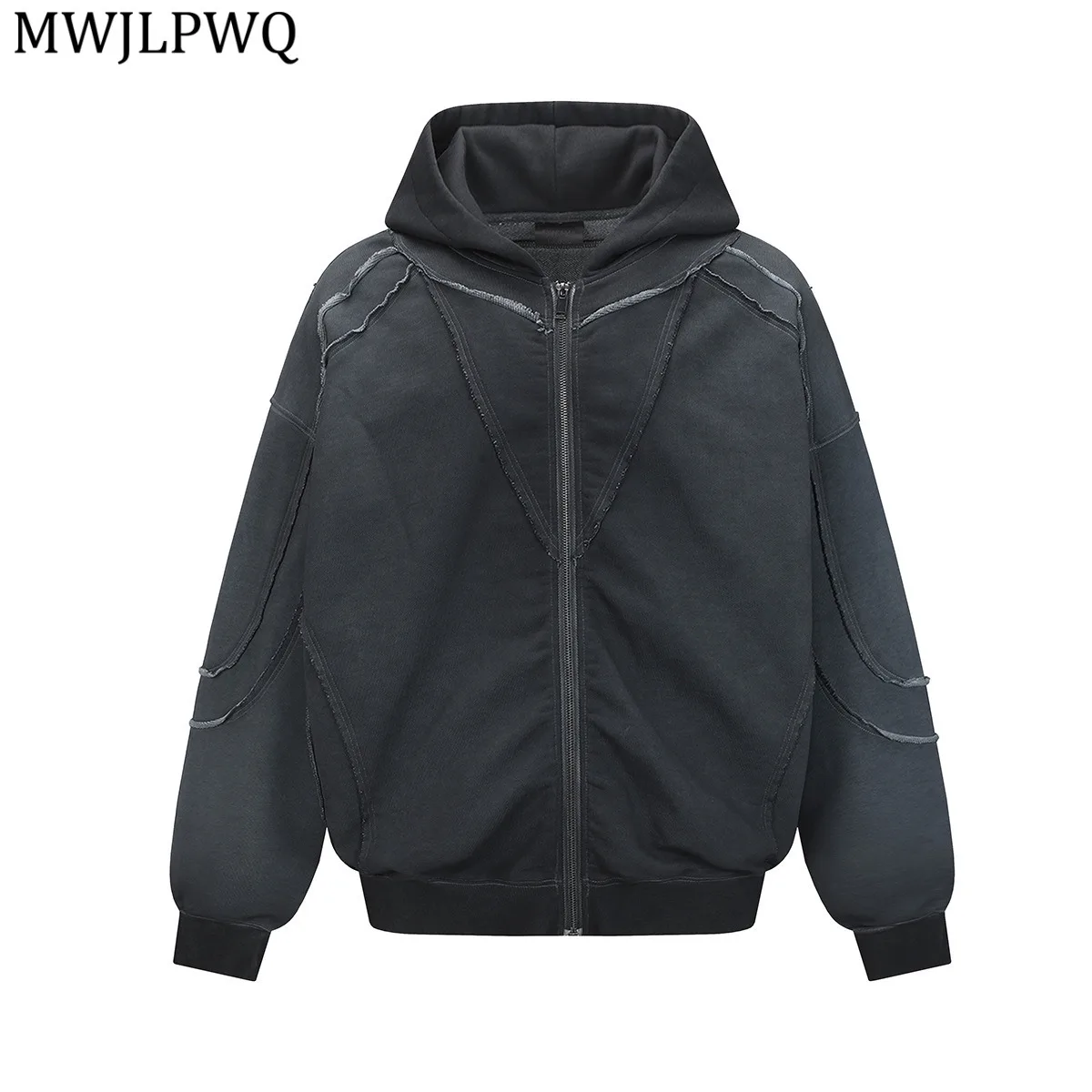 

MWJLPWQ Men's 2025 Autumn Street Style Washed Hooded Sweatshirt Deconstructed Spliced Design Tops American Cardigan Hoodie 21007