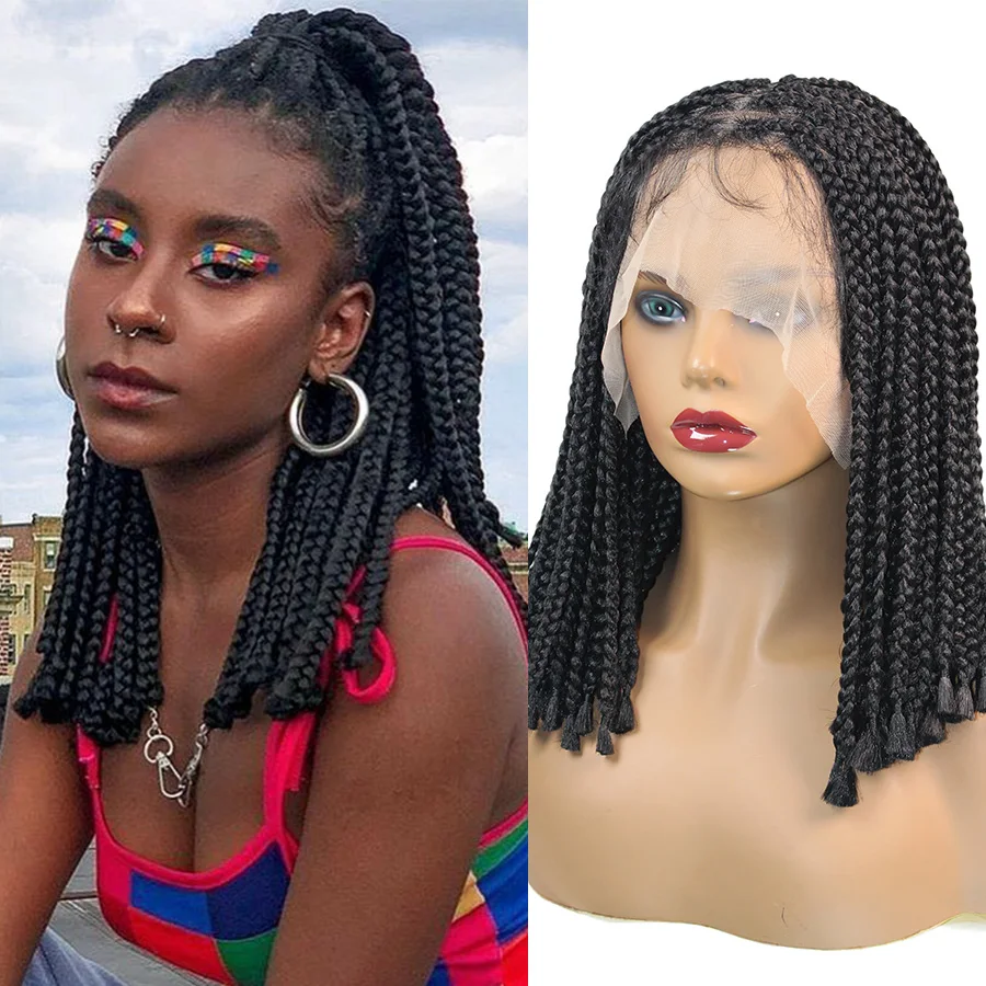 الاصطناعية 10 بوصة صندوق شعر مستعار مضفر للنساء السود قصيرة بوب شعر مستعار مضفر كورنو تجديل خصلات الشعر المستعار القبلية كامل الدانتيل الضفائر الباروكات #1