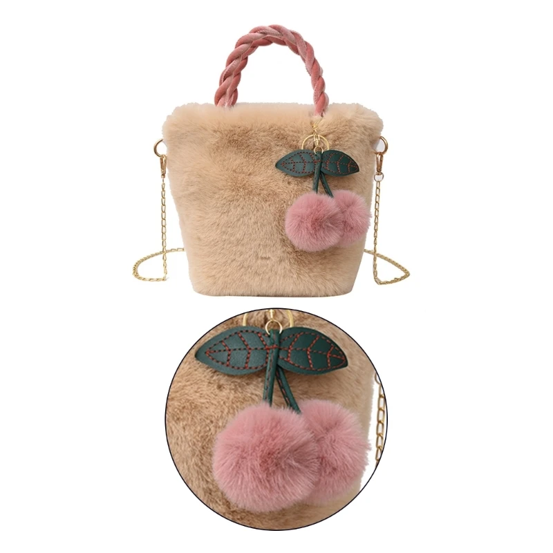 Fashion Bucket Bags for Girl Women Crossbody Bag with Cherry Pendant Shoulder Bag Plush Trendy Bag Versatile Lady Purse