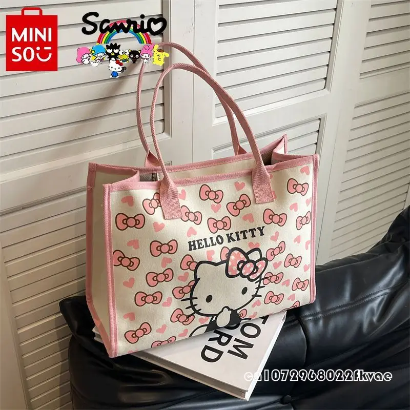 Miniso-Bolsa Hello Kitty feminina, bolsa de ombro elegante de grande capacidade, bolsa de compras dos desenhos animados para meninas, alta qualidade, nova