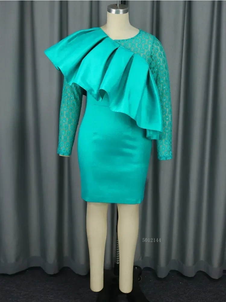 

Women's Lace Patchwork Long Sleeves Ruffles Asymmetrical Party Dress, Chic Pencil Gowns, Plus Size, Casual Chic, Sexy, Summer