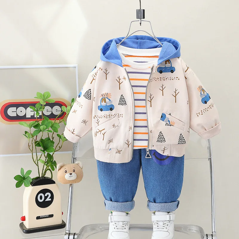 Girls clothes spring and autumn baby suit cartoon bear long-sleeved sweatshirt boys and girls plaid vest pullover 3Pcs