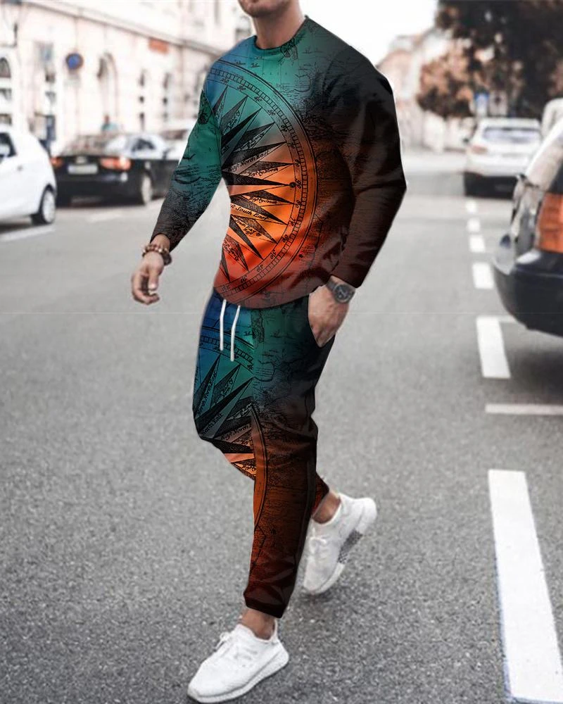 Autumn Color Stripe 3D Printed Men's 2 Piece Sets Casual Sportwear Harajuku Long Sleeve Shirt+Trousers Outfits Jogging Tracksuit