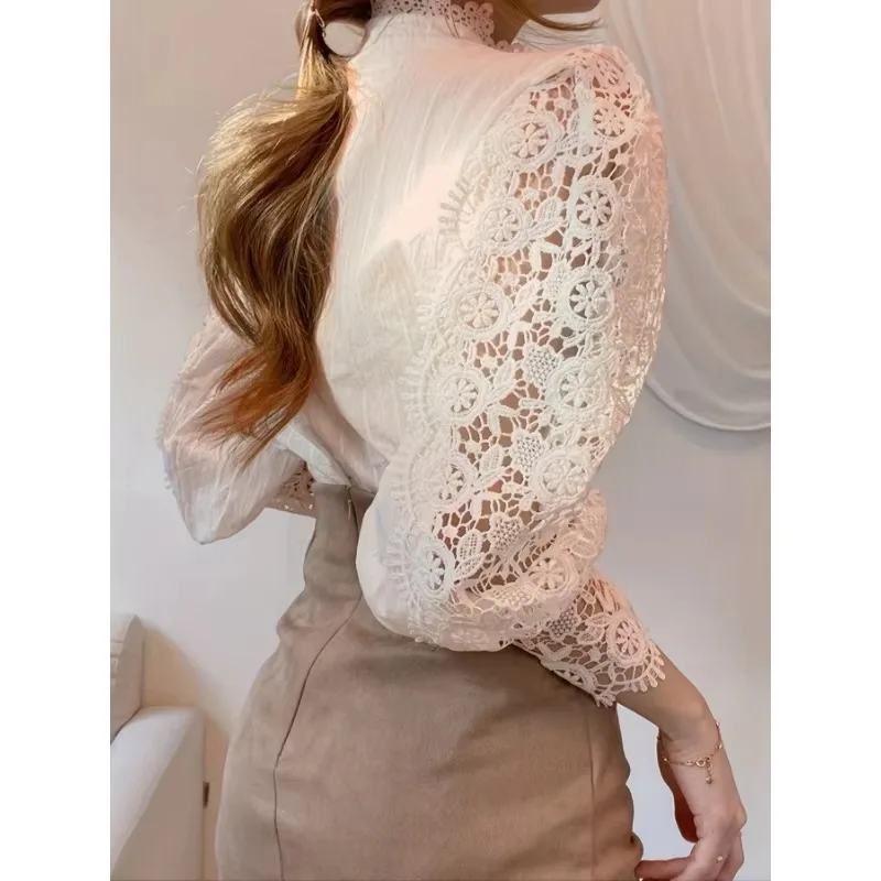 Elegant Women Pleated Blouse Hollow Out Floral Lace Button Turtleneck Shirt Fashion Fluffy Femme Tops Blouses