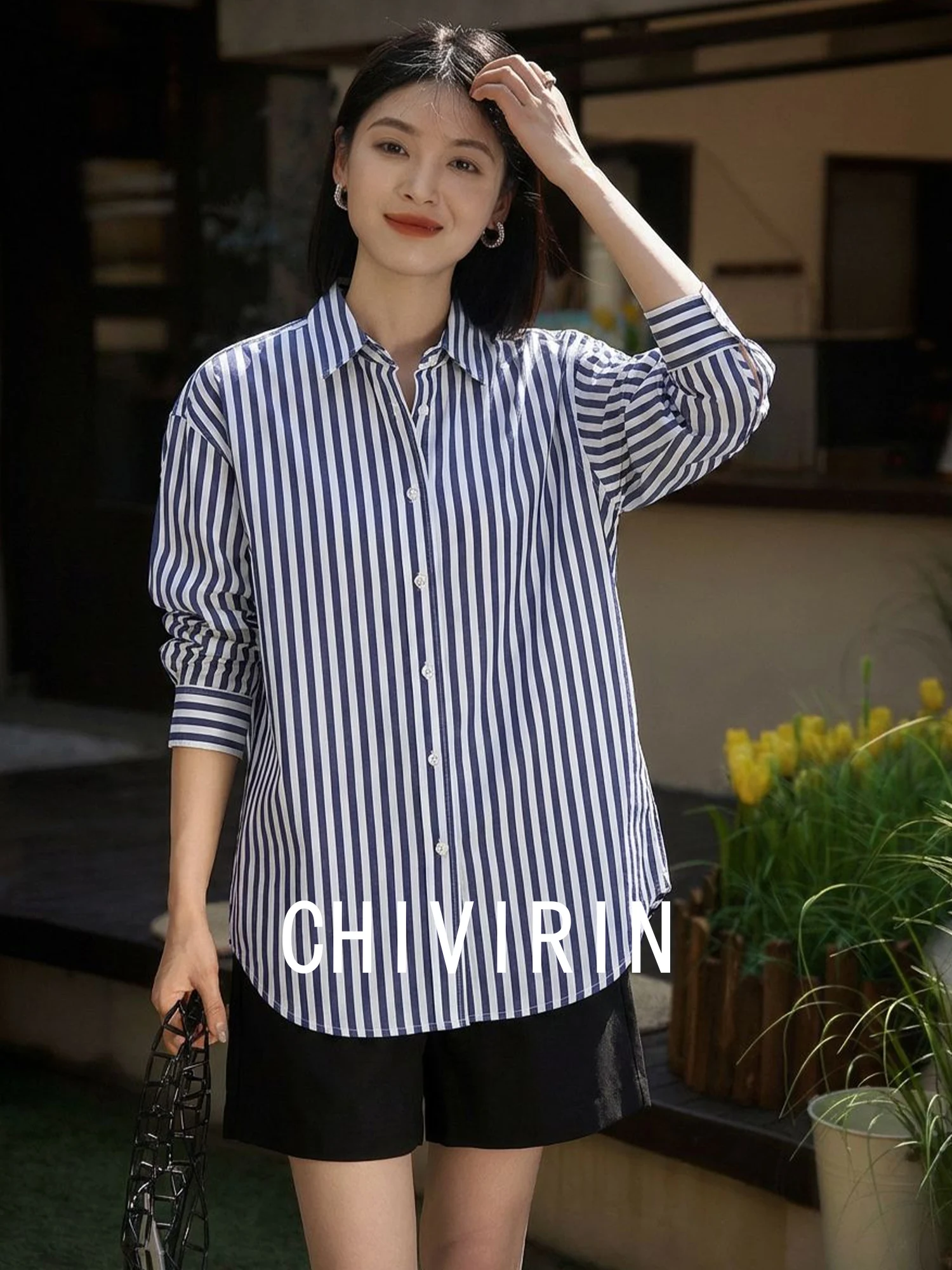 

Blue Striped Pure Cotton Long Sve Loose Collar irt Women's Spring Commute Sle Casual Faionable Versatile irt