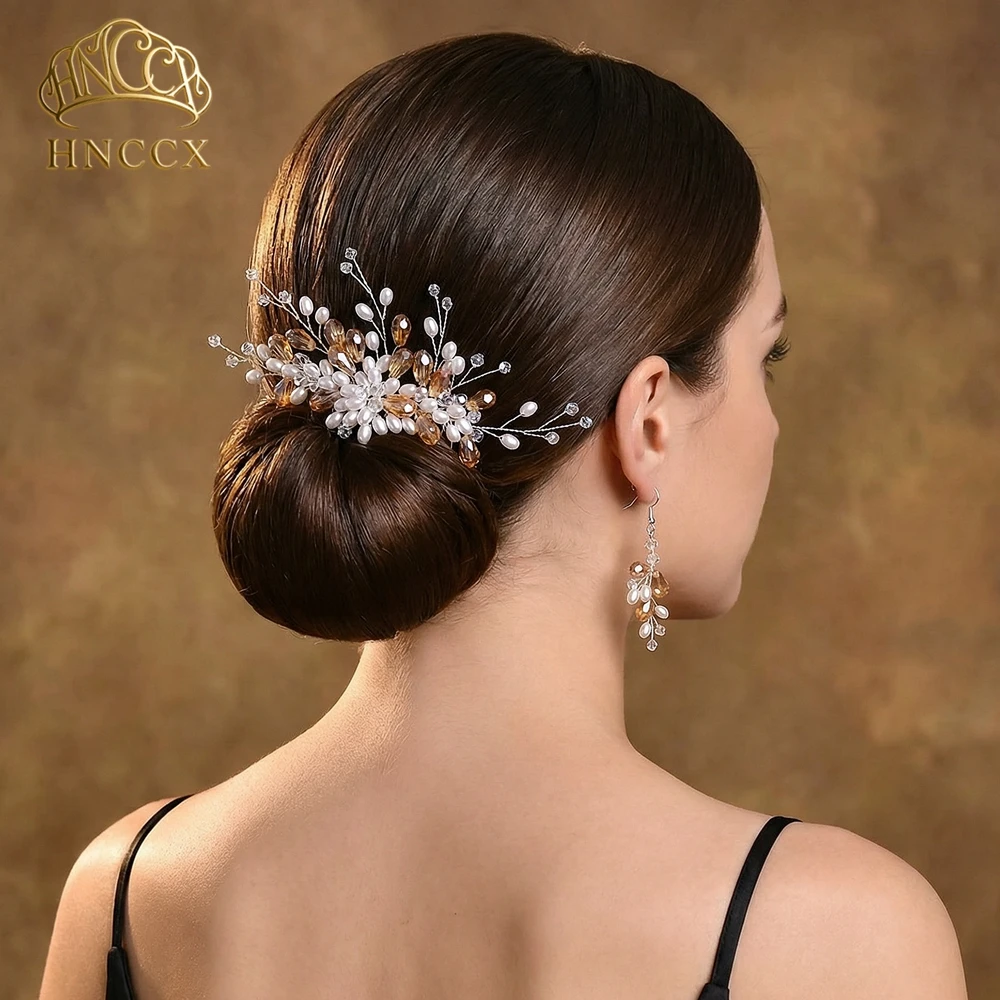 HNCCX Elegant Pearl Crystal Bride Hair Comb Earring Setting Handmade Wedding Party Headwear Women Bridesmaid Headpieces HP177