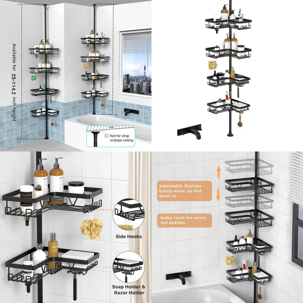 

Угловая душевая кабина от пола до потолка, органайзер с регулируемой натяжной стойкой 25-114,2, черная водонепроницаемая вешалка для полотенец