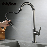 Gun Grey Pull-Out Kitchen Faucet 360° Rotation Deck Mounted Hot/Cold Water Sink Mixer Tap 2 Modes Spray Modern Crane Brushed