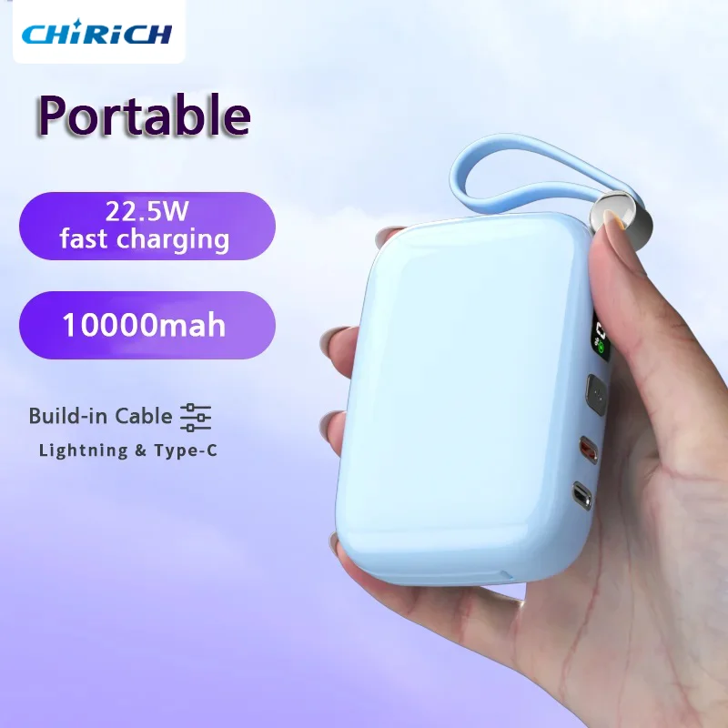 

10000mAh Portable Power Bank PD20W Fast Charger Build-in Cable Small External Spare Battery Powerbank For iPhone Xiaomi Samsung