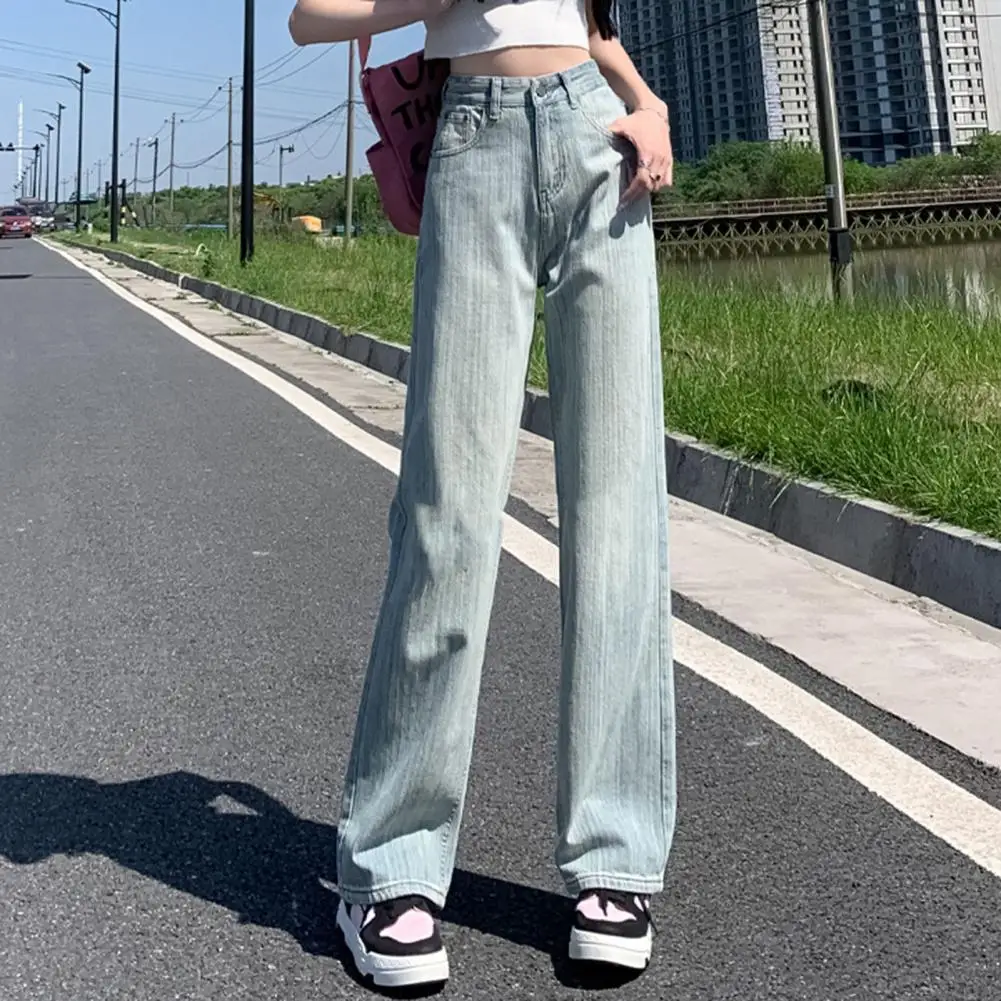 Denim Trousers Striped Wide Leg Jeans with High Waist Multi Pockets for Women Stylish Streetwear Pants for Wear Long Trousers