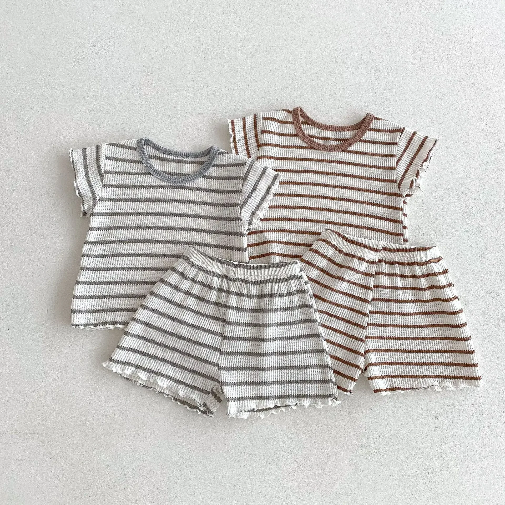 

Children Clothing Set Girls 2024 Summer New Fashionable Korean Style Kids Stripes Short-sleeve T Shirt and Shorts Home Wear Set