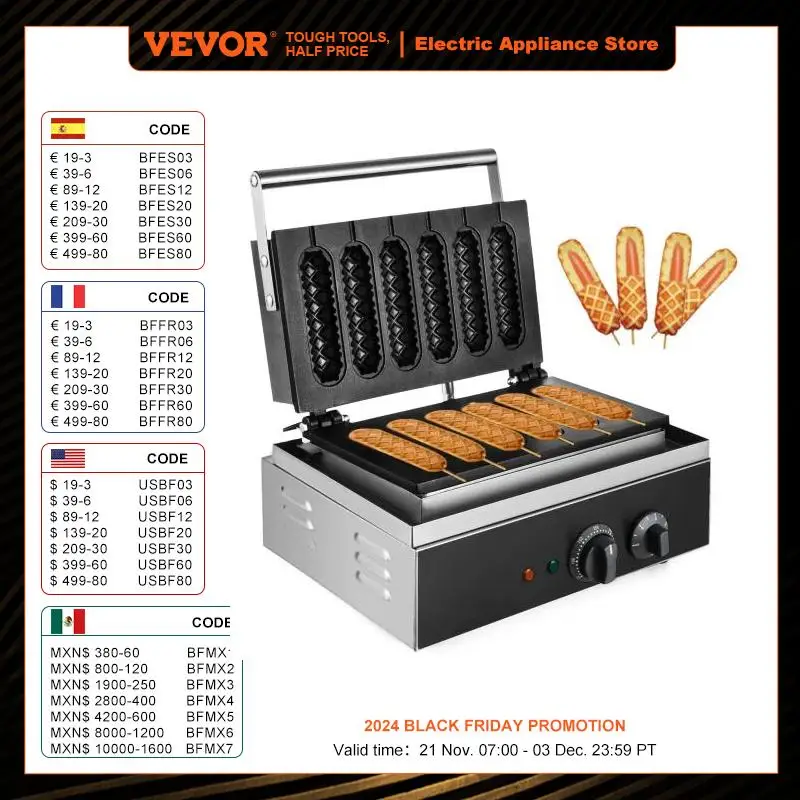 Appareil à Gauffre Commercial Gaufrier Électrique 1500W, Machine à Gaufre, Gaufres à hot-dog, 6