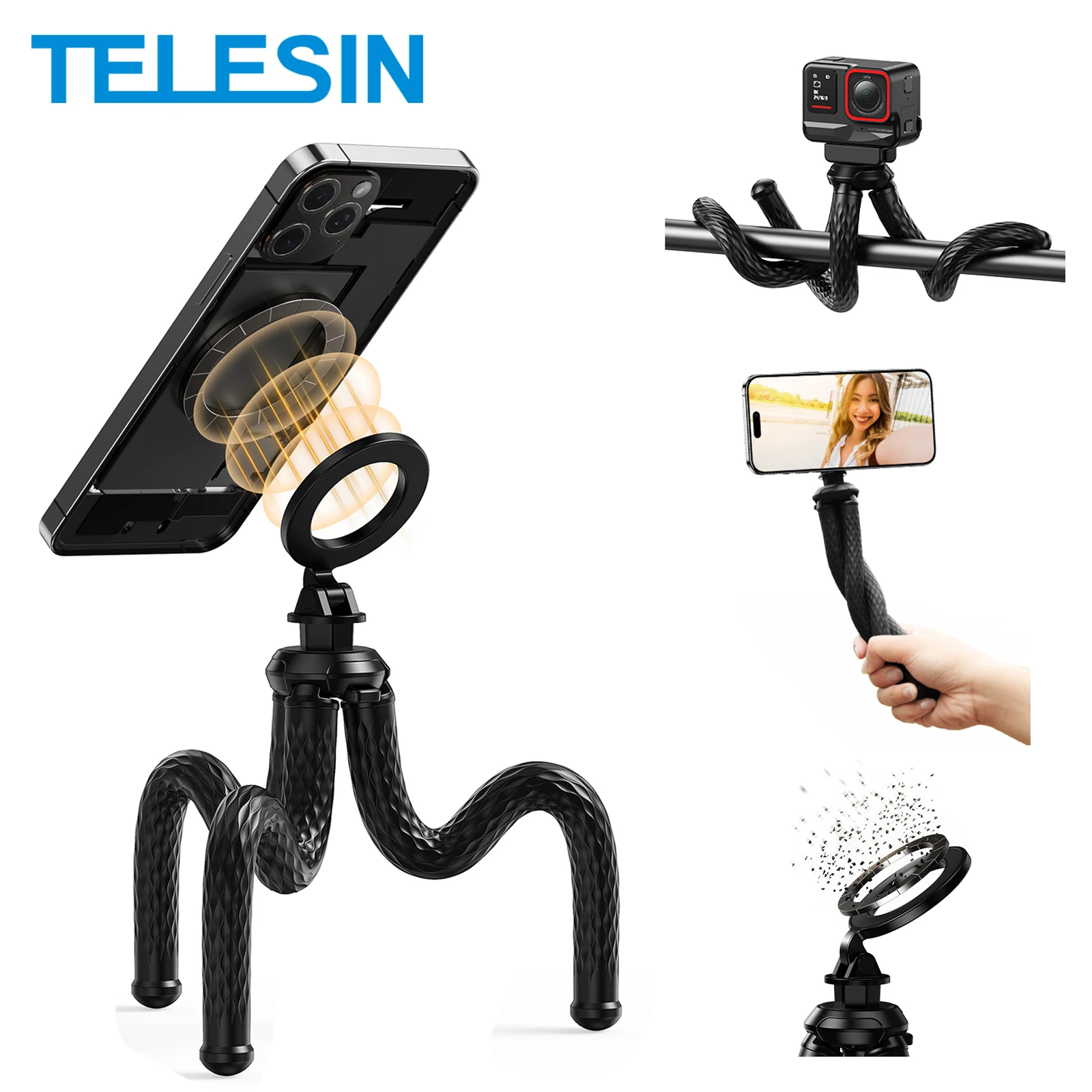 TELESIN Octopus Magnetic Quick Release Tripod Phone Hold For Mobile Phone Holder Clip Smartphone Monopod Tripe Stand Mini Tripod