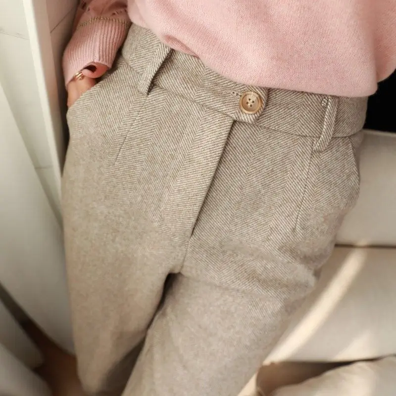 Herringbone wool Harlan pants women fall winter new high waist show thin feet suit pants loose casual smoke pipe pants