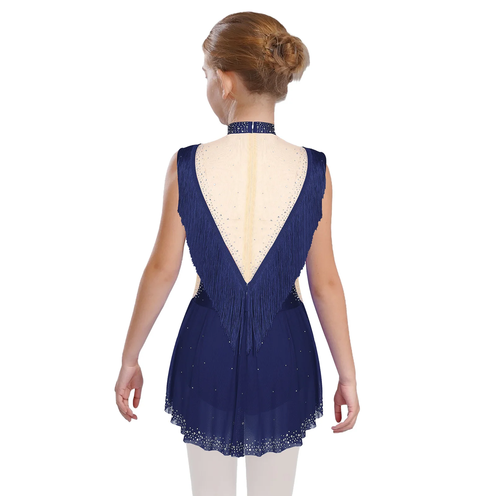 Girls Figure Skating Rhythmic Gymnastics Leotard Ballet Jersey Sleeveless Shiny Rhinestone Tassel Skirted Bodysuit Performances