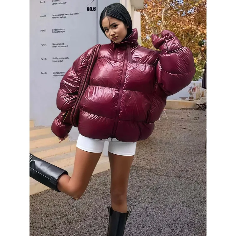 

Пышная теплая женская хлопковая куртка, свободный воротник-стойка, молния, длинный рукав, однотонные стеганые пальто, 2025 г., зимняя женская утепленная верхняя одежда