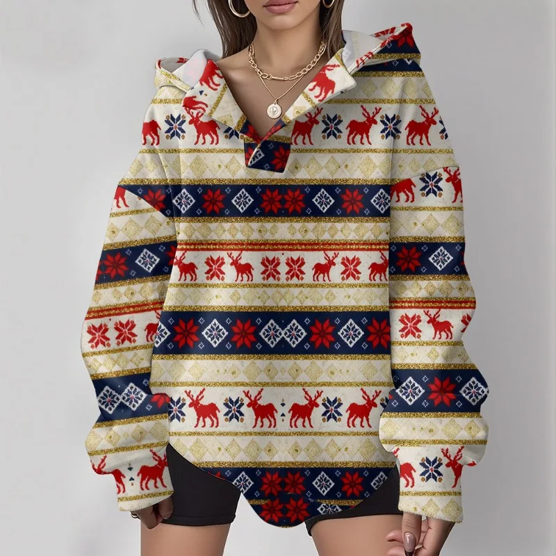 بلوفر نسائي كاجوال كبير الحجم بنمط ندفة الثلج مع ياقة مقلوبة، سويت شيرت شتوي مريح فضفاض مناسب للشارع اليومي #4