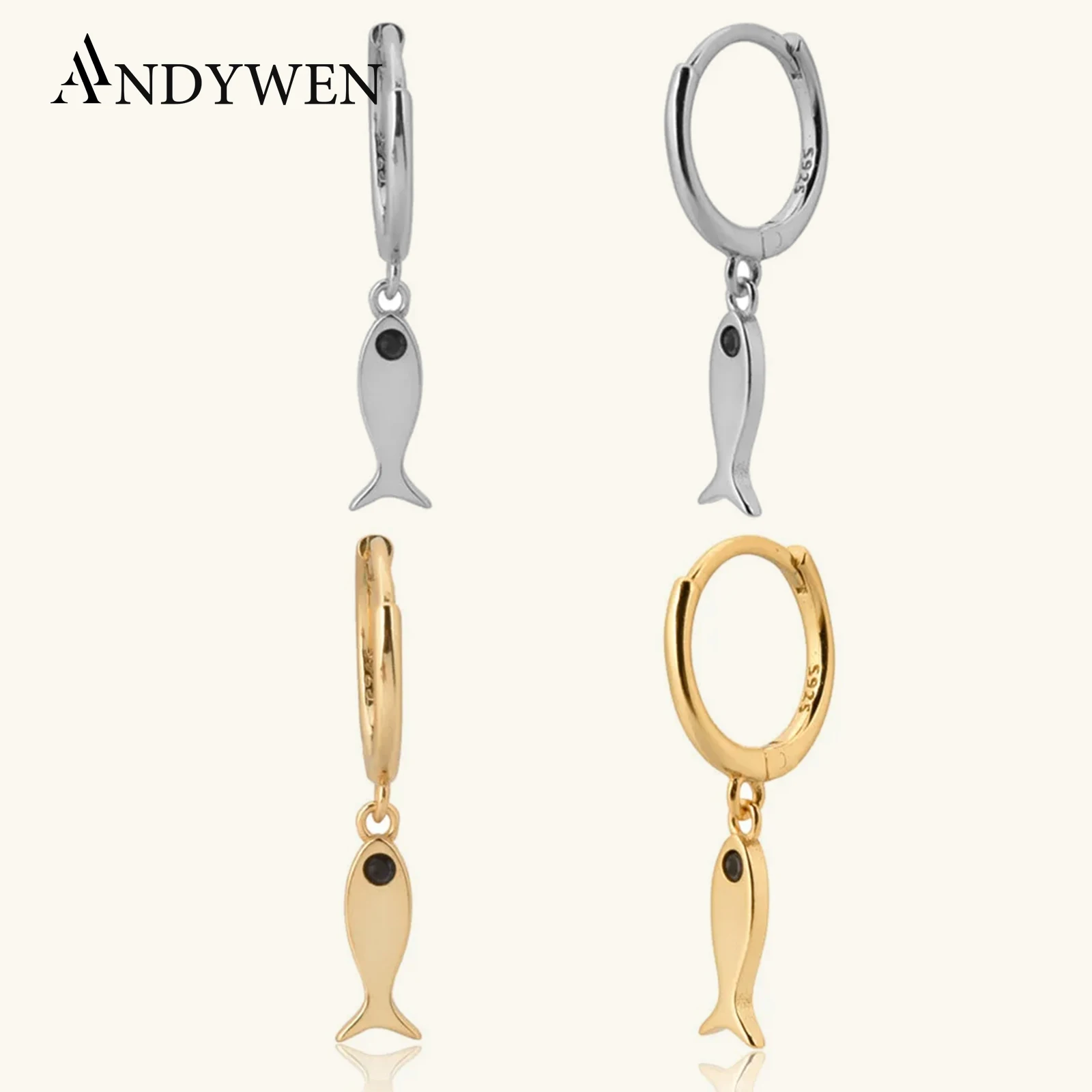 

ANDYWEN 925 Sterling Silver 8.9mm Plain Fish Drop Earring Pendiente Circle Loops Luxury Dangle Charm 2020 Rock Punk Jewelry