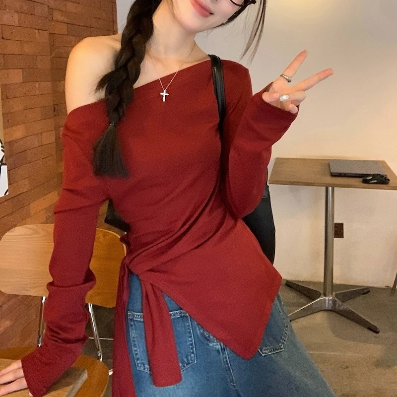 Long Sleeve T-Shirts Women Off-shoulder Chic Irregular Design Defined Waist Bandage Popular Ins Korean Fashion Autumn Tops Sexy