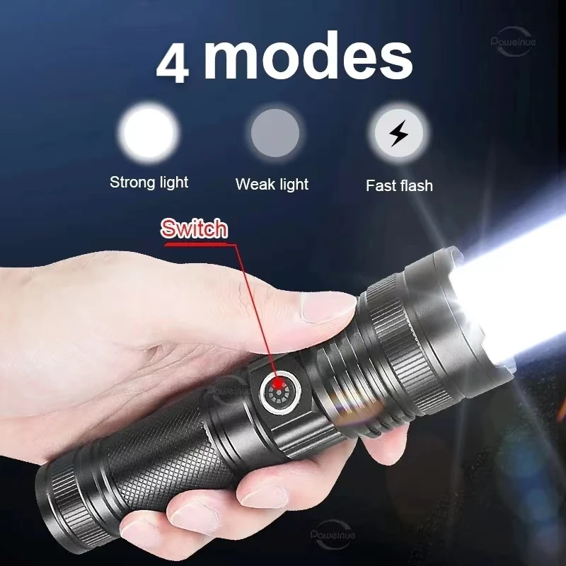 ハイパワーLED懐中電灯,USB充電式戦術懐中電灯,屋外およびキャンプランタン,強力なトーチ,1000000ルーメン