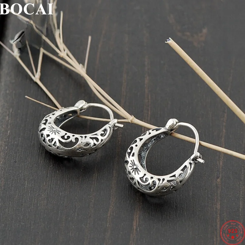

BOCAI S925 Sterling Silver Charms Clips Earrings for Women Retro Old Hollow Flowers Ear Clips New Fashion Jewelry