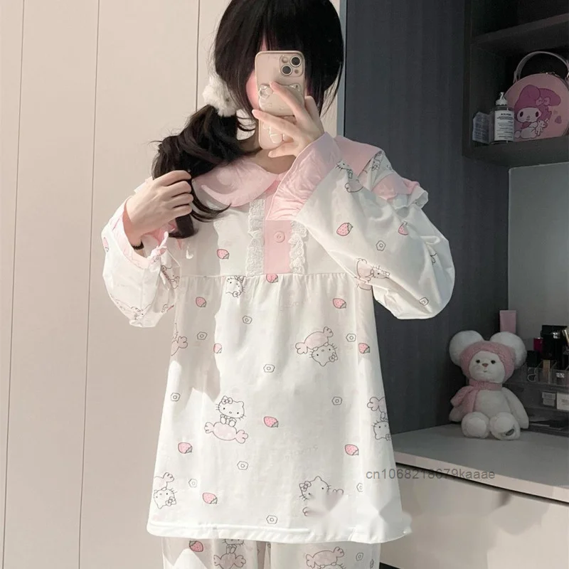 Sanrio Hello Kitty New Y2k Sweet Girl Pajamas Spring Autumn Niche Pure Cotton Sleepwear Japanese Style Cartoon Printed Home Wear