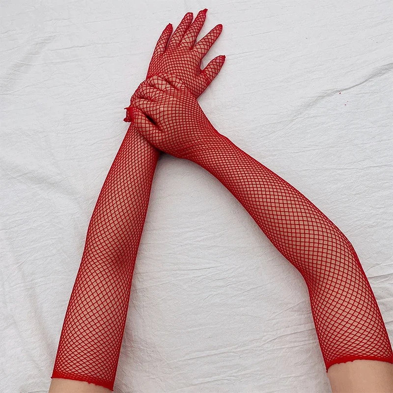 Sexy Long High Elasticity Fishing Net Mesh Thin Cosplay  Transparent Stage Performance Gloves Fashion Personality Soft Solid