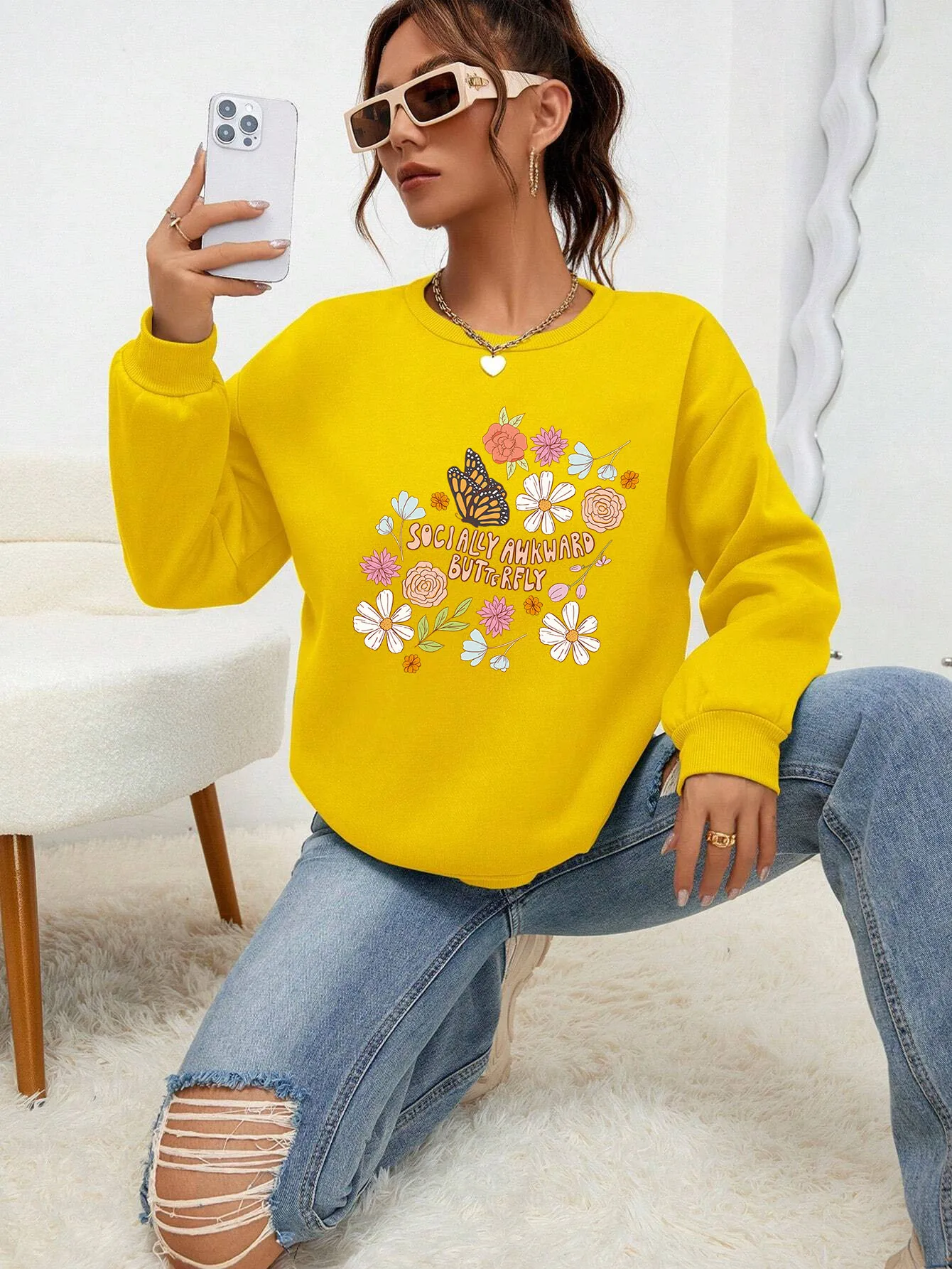 Socially Awkward Butterfly With Flower Printed Female Sweatshirts Fashion Loose Hoodies Casual Warm Top Autumn Fleece Clothes