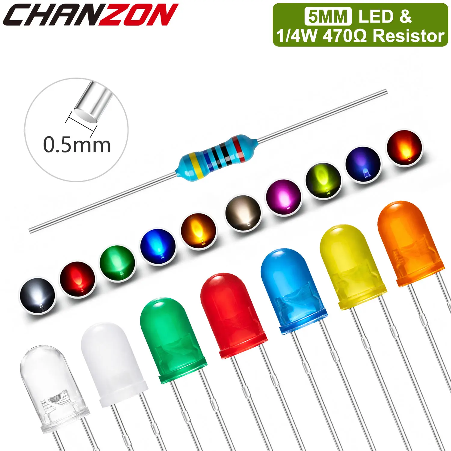 5mm LED Diode & 1/4W 1% 470 Ohm Metal Film Resistor Ultra Bright Warm White Red Green Blue UV Purple Yellow Orange Pink Emitting