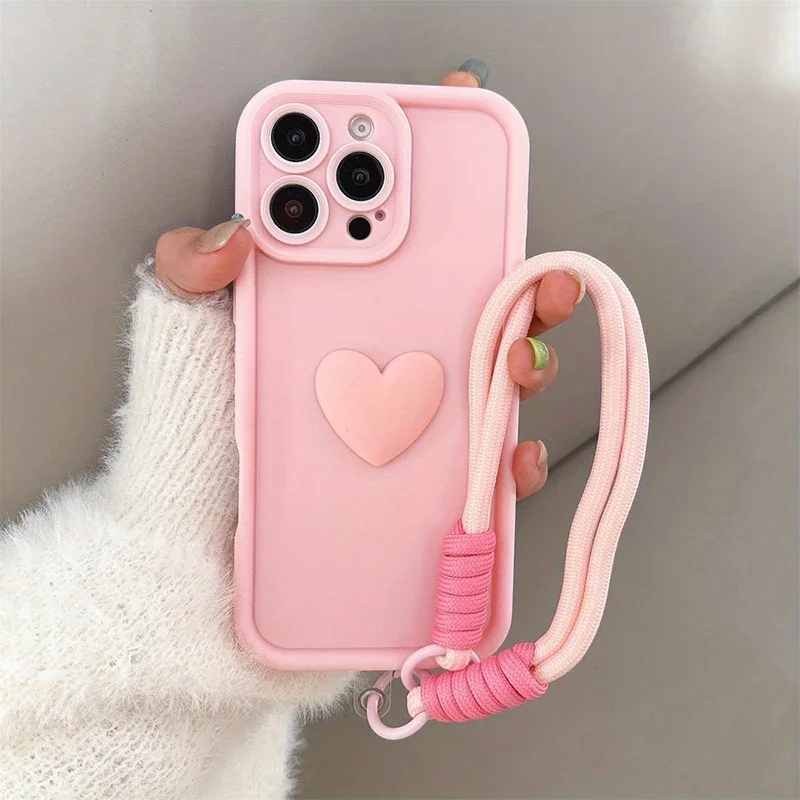 

Силиконовый мягкий чехол для телефона 3D Pink Love Heart для iPhone 17, 16, 15, 14, 13, 12, 11 Pro Max XS XR X 7 8 Plus SE с веревочным чехлом на ремешке