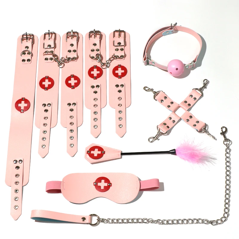 أصفاد ضبط النفس المثيرة طوق والعتاد ممرضة الرقيق لعب الأدوار معدات عبودية الكبار الأزواج الغمامة الردف لعبة 8 قطعة مجموعة